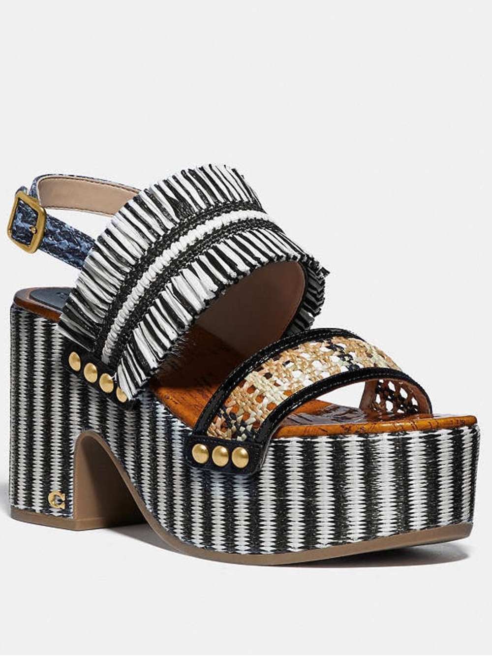 Coach Black & White Woven Platform Sandal with Raffia Accent